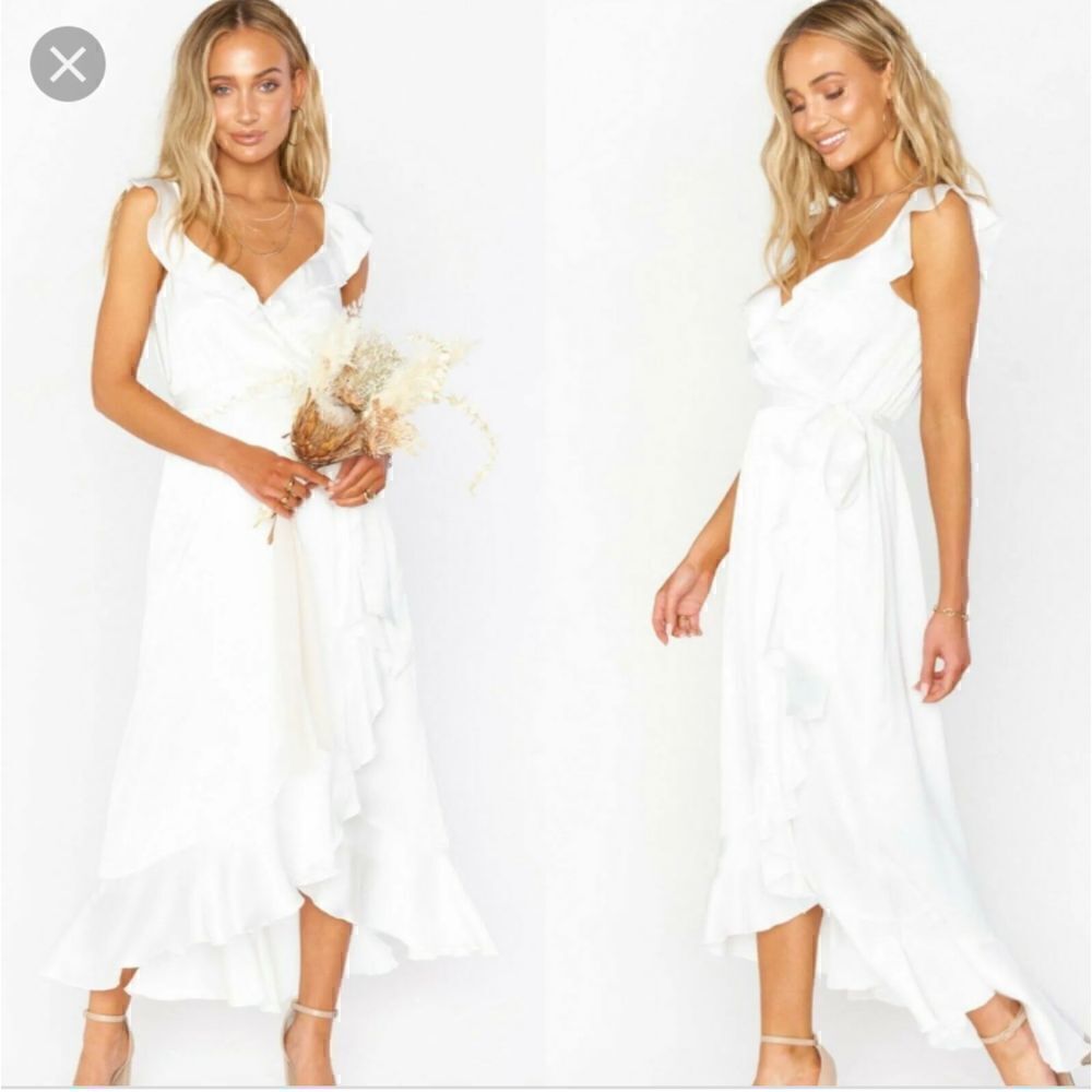 Show Me Your Mumu Samantha Ruffle Wrap Dress in ivory luxe satin Size M